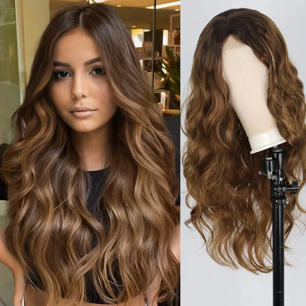 Long Ombre Brown Wavy Wig for Women Middle Part Curly Charming Synthetic with Natural Wavy Brown Heat Resistant Hair for Wedding