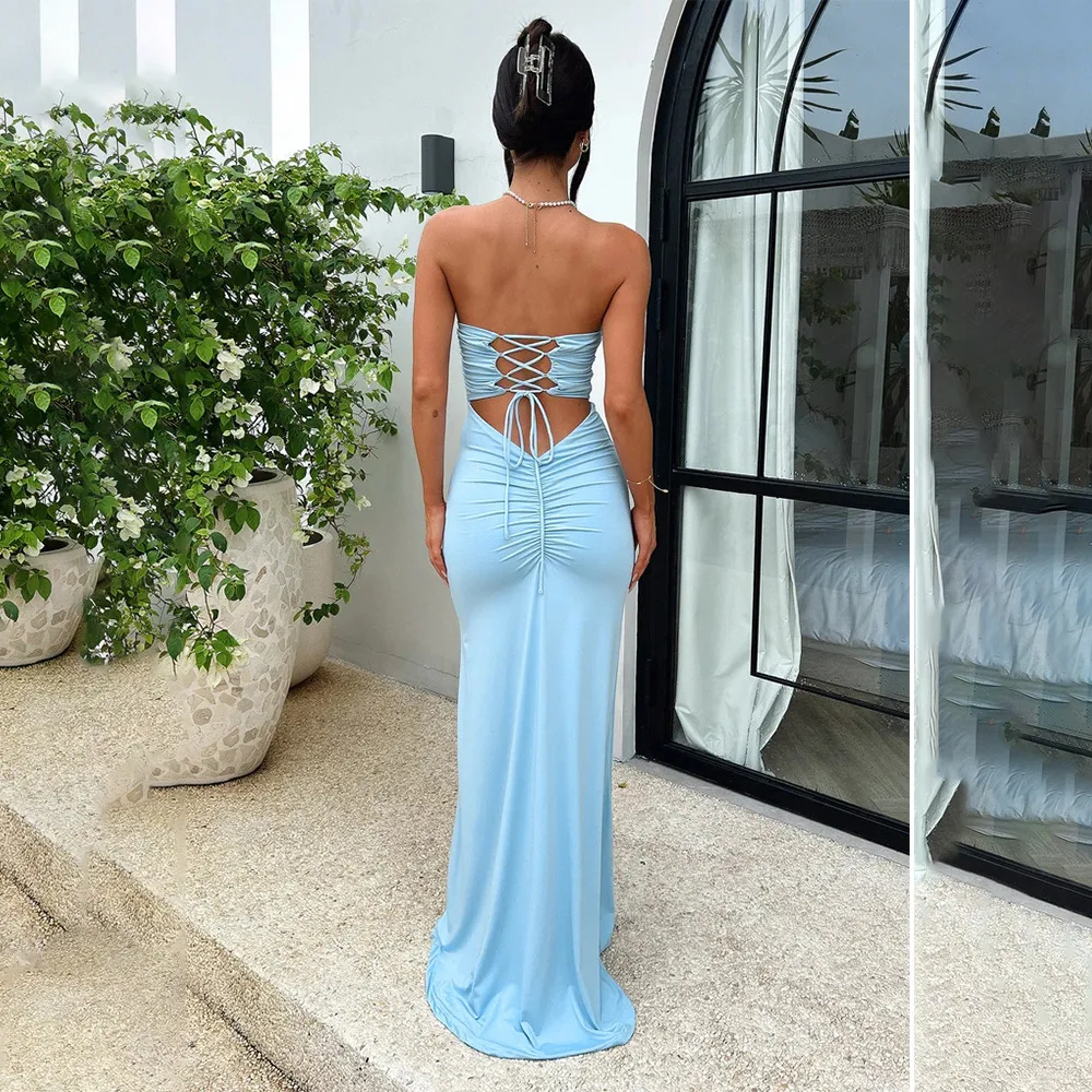 

SKMY New 2024 Strapless Dress Sexy Lace-Up Open Back Pleated Long Dresses Fashion Solid Color Slim Fitting Clothes For Women