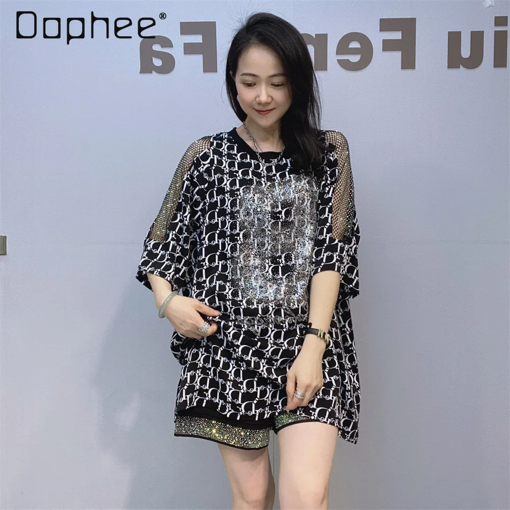 

Summer Diamond-encrusted Chiffon Shirt Women's Flash Diamond T-shirt Women's Loose Medium Length Short-sleeved Top 2025 New