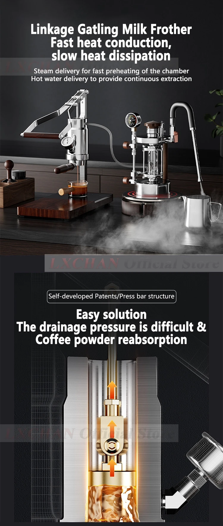 LXCHAN HPEM-2-P Hand Press Coffee Maker With PID Temperature Control 9 Bar Constant/Variable Pressure Lever Espresso Coffee NEW