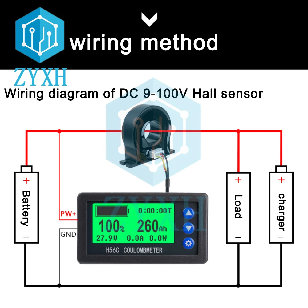 Battery Monitor LCD Hall Coulomb Meter 100V 50A 100A 200A 300A 400A 500A Lifepo4 Lead-acid Li-ion Lithium Capacity Power Display