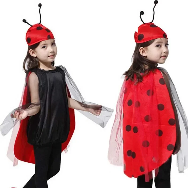 

2025 Хэллоуин Cape coccinelle rouge pour enfants filles, chapeau d'antenne, vêtements de fête pour enfants, Костюм d'halloween