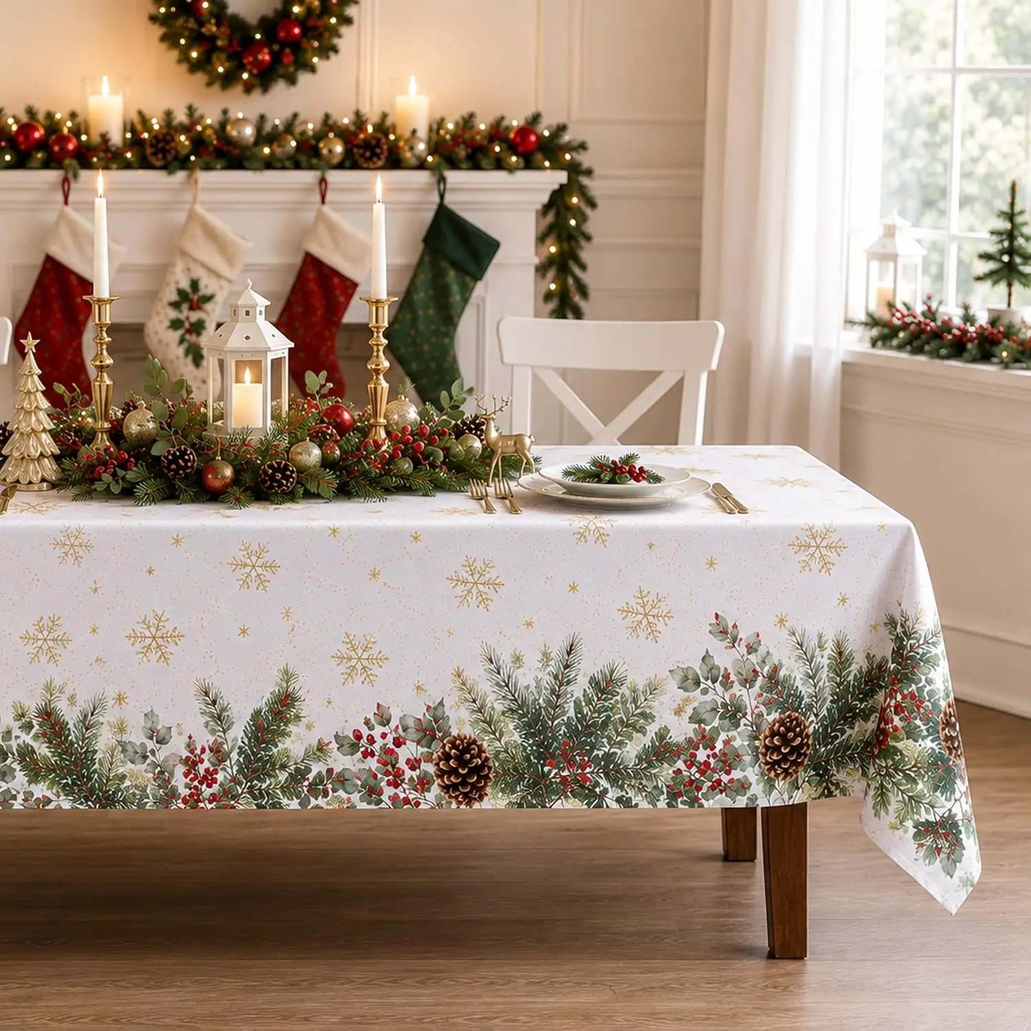 Christmas Snowflake Pine Needle Berries Tablecloth for Table Decor Washable Kitchen Dining Tablecloth Christmas Decorations