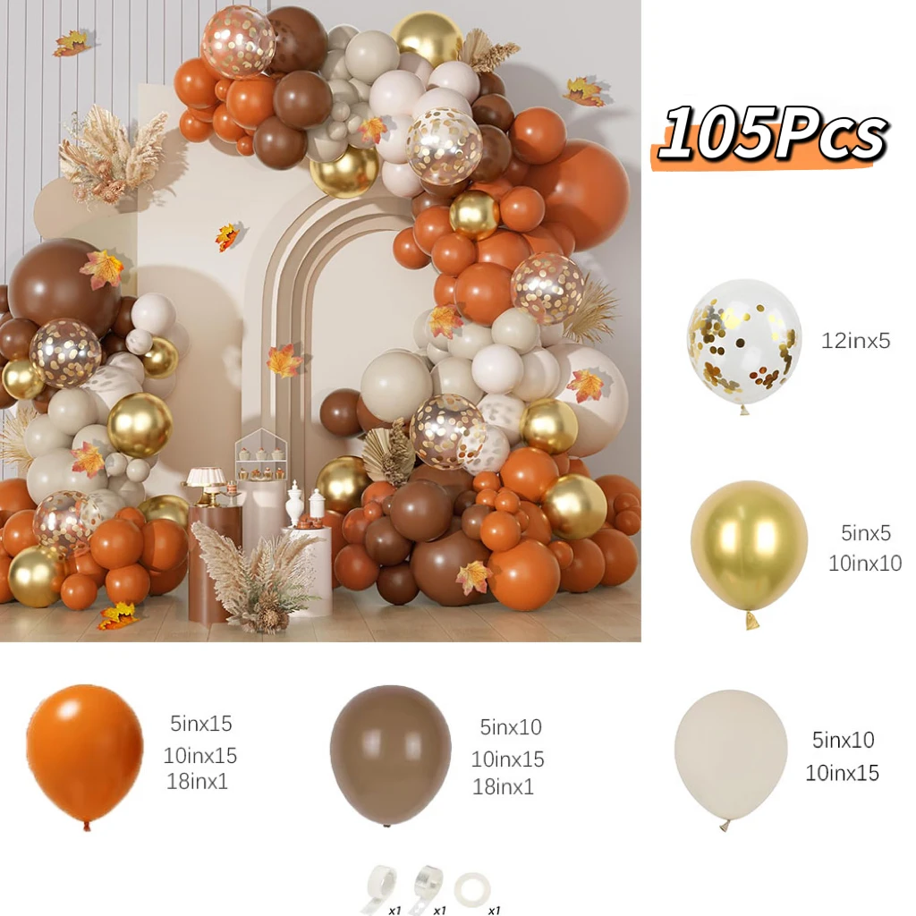 105Pcs Orange Balloon Arch Garland Kit Brown Sand White Metal Gold Confetti Balloons for Fall Baby Shower Birthday Party Decor