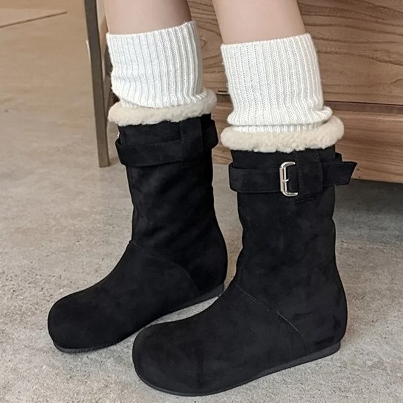 

Женские зимние ботинки на меху на плоской подошве, замшевые модные короткие плюшевые хлопковые туфли, новинка зимы 2025, теплые теплые ботинки до середины икры, комфорт Mujer Zapatos