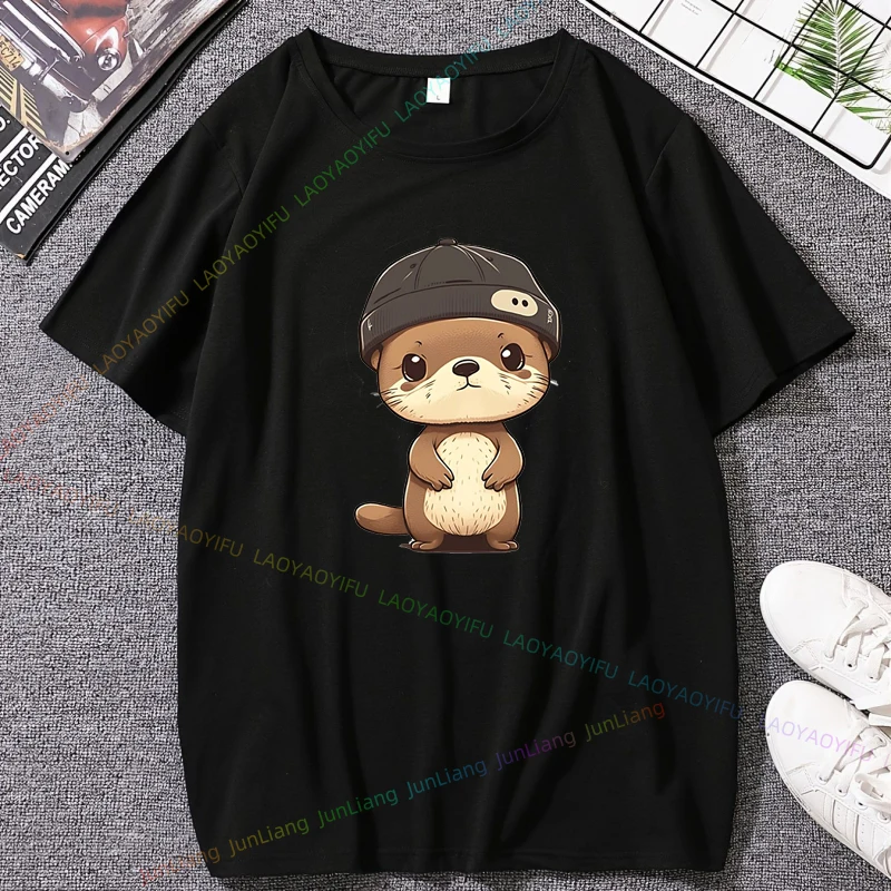 Kawaii Otter Funny Printed Harajuku Style Casual Fashion Streetwear Hip Hop Loose Comfort 100% Cotton Breathe Man Tees Top Women