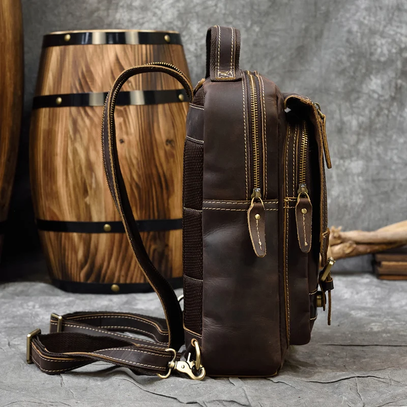 Vintage Genuine Leather Single Shoulder Bapack Chest Bag Dual Use Leather bags Men travel bag outdoor cowhide bags mini backpack