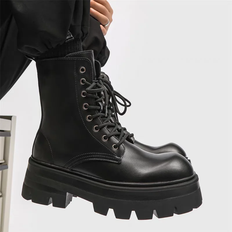 

Spring Summer Genuine Leather Height Increasing 8cm Thick Sole Men's 2025 New Trend British Style High Top Boots