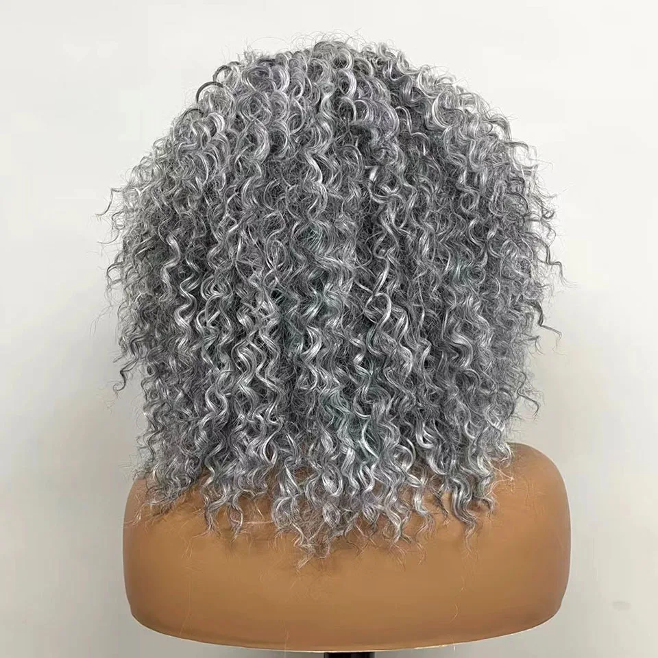 Deep Curly Lace Wig Grey Highlight Natural Hairline Synthetic Short Bob Lace Front Wig Daily Wear