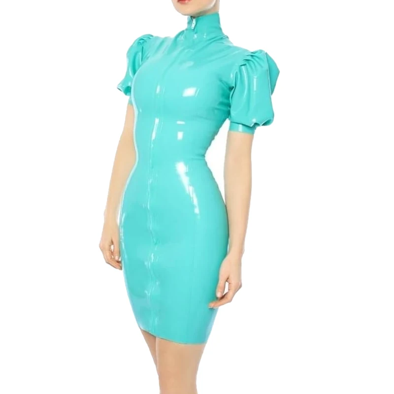 

Lake Blue Latex Women Dress Lantern Sleeves Tight Suit Custom Made Handmade Clothing S-LD299