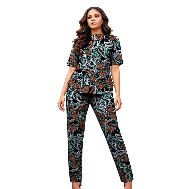 Summer News Coordinates Women's Simple Suit African Couture Trendy Printed Short Sleeve Tops+Pants Party Wear