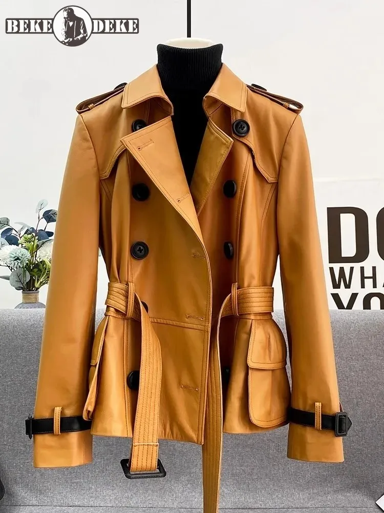 British Style Women Genuine Leather Motorcycle Jacket Double Breasted Belt Slim Fit Office Casual Fashion Spring Sheepskin Coat