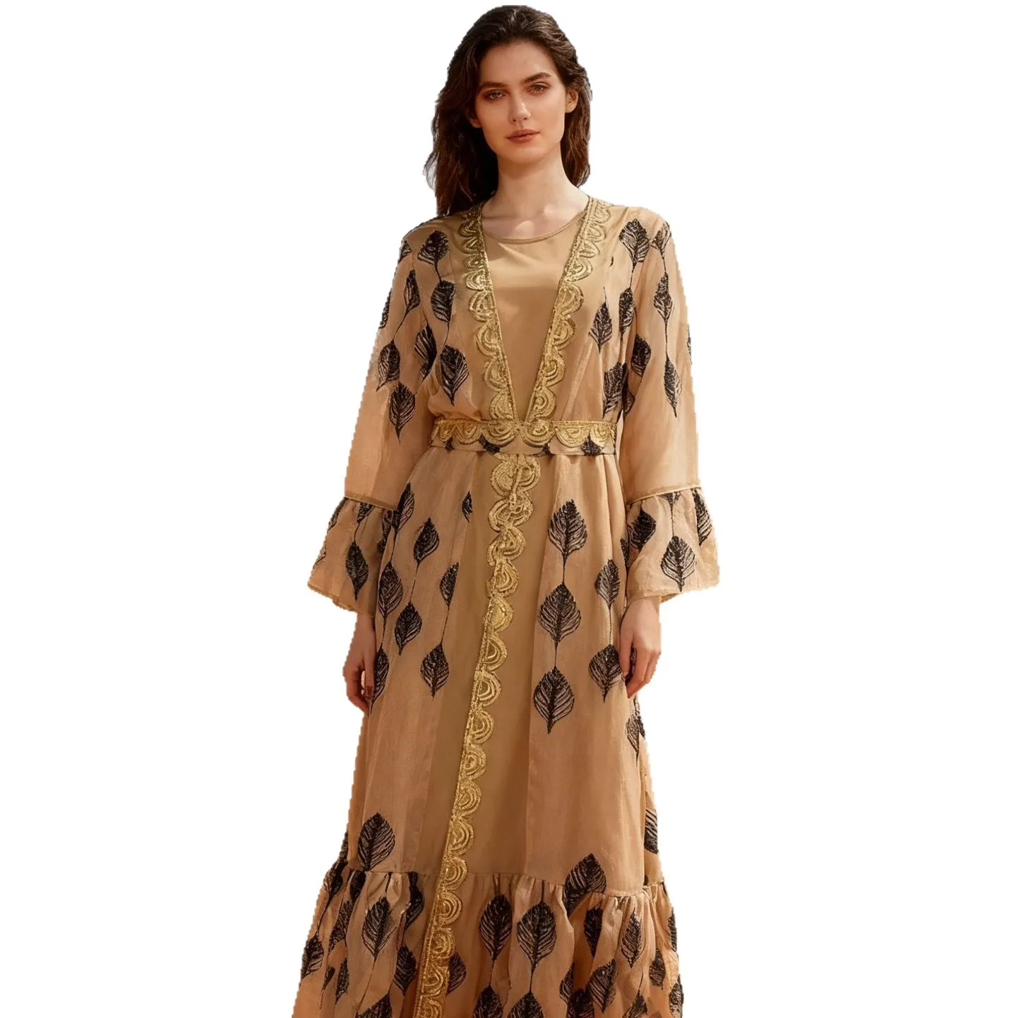 

Винтажный трансграничный Ближневосточный арабский костюм Абая в Дубае, внешняя торговля, мусульманское платье из полиэстера, сетчатый комплект с вышивкой и блестками