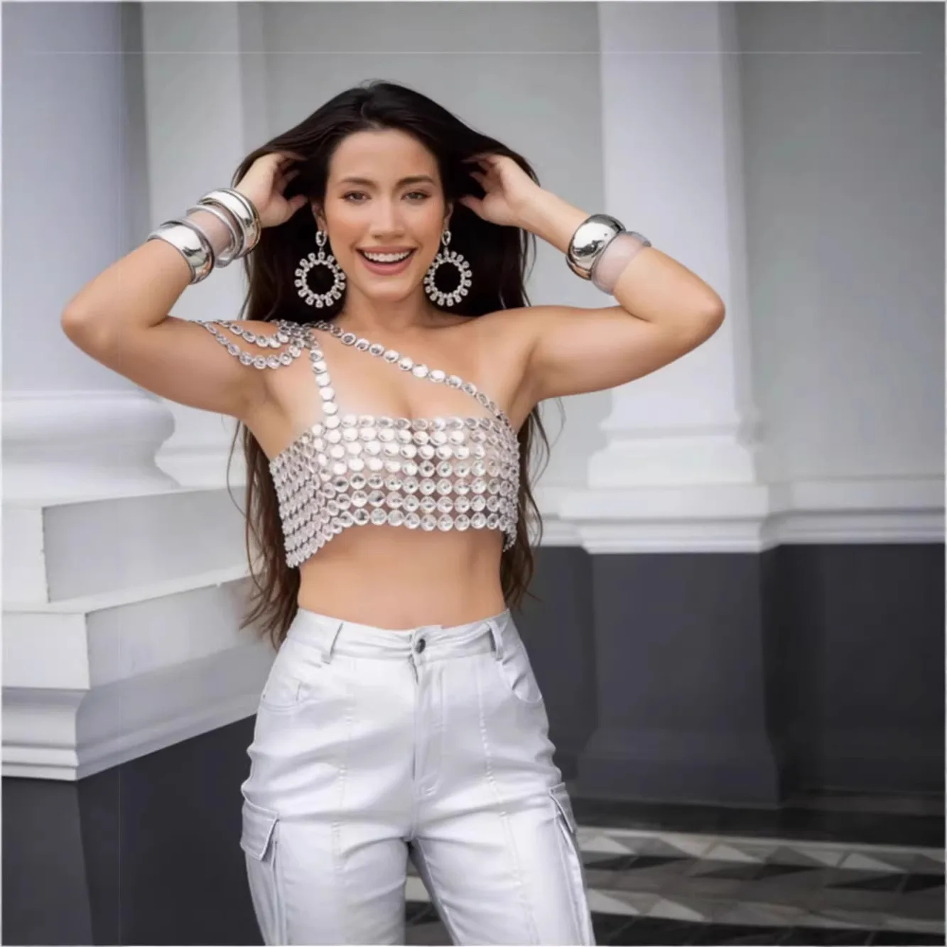 Sexy Heavy Work Vest Top Women's Transparent Diamond Glowing Short Length Fashionable Body Chain Tank Top Trendy Ins New Model