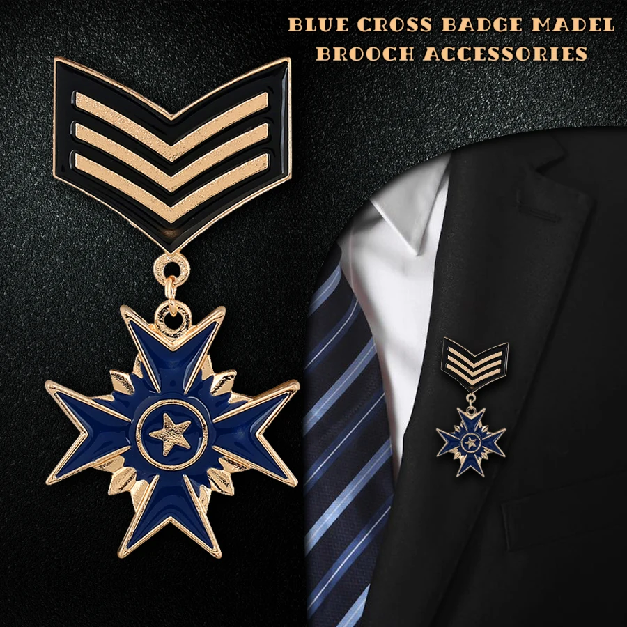 Vintage Blue Cross Brooch Pins Men Badge Ornaments Fashion British Preppy Style Star Medal Women Brooches Suit Dress Accessories