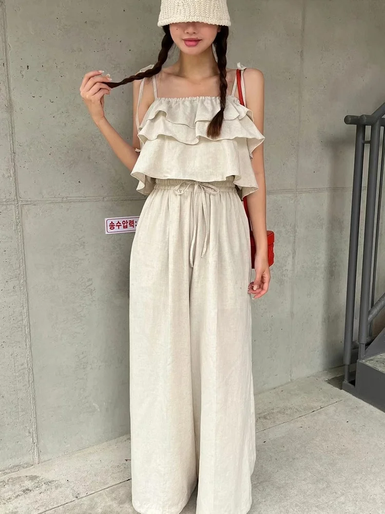 2024 New Women's Halter Vest Set with Lace Trim Wide Leg Pants High Waist Slimming Top Bottoms Fashionable Spring Collection