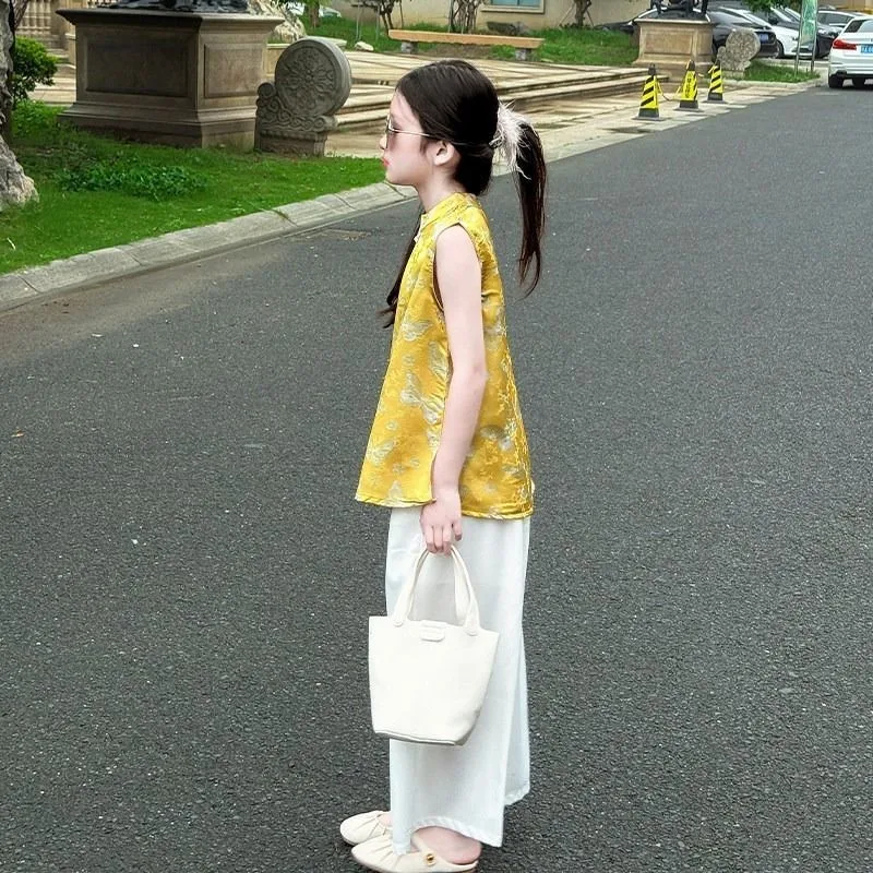 Girls' New Clothing Set Summer Girls' Chinese Cheongsam 2-piece Set Children's Trendy Sleeveless Top Pants Clothing Set LJ603