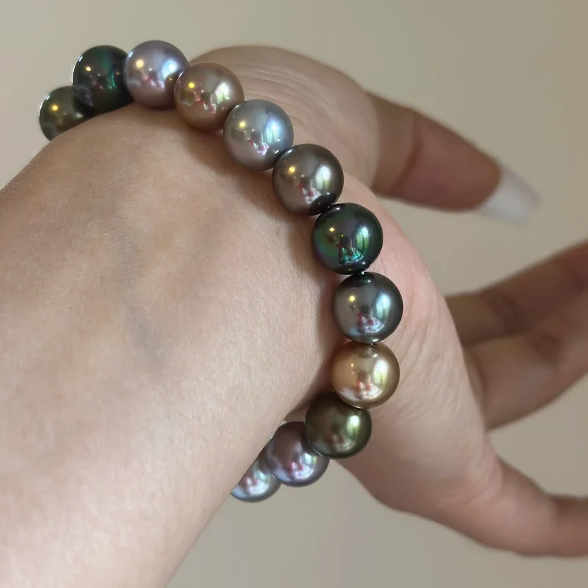 

CHARMING 7.5" 9-10MM GENUINE NATURAL TAHITIAN BLACK MULTICOLOR ROUND PEARL BRACELET