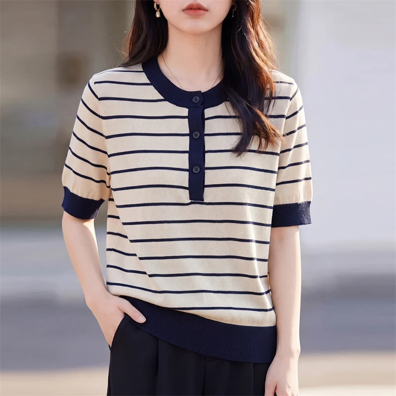 

100% pure cotton women's O-neck sweater T-shirt computer knitted slim fit summer thin short sleeved new women's pullover sweater