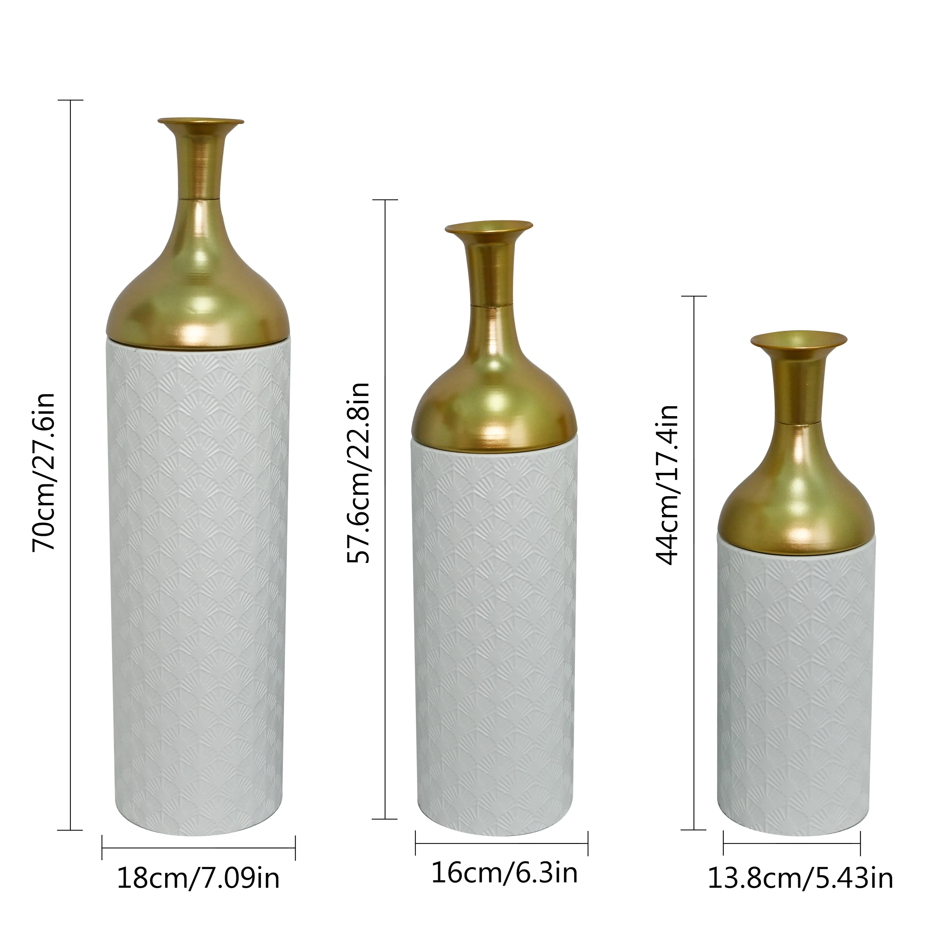 Modern White Metal Floor Vases Set of 3, Tall Gold Leaf Glazed Cylindrical Vase for Entryway Living Room Home Decor