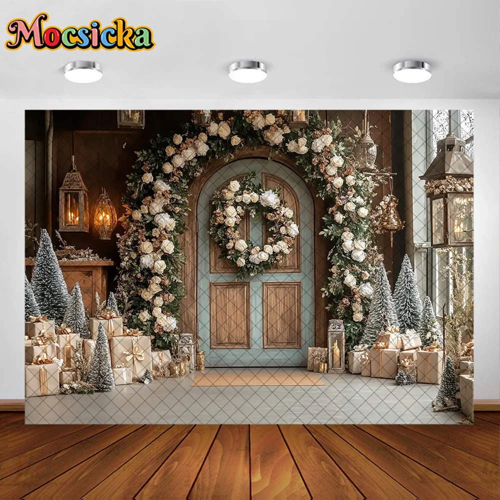 Mocsicka التصوير خلفية شجرة عيد الميلاد إكليل عيد الميلاد الديكور الأسرة عطلة صور خلفيات الصور للصور