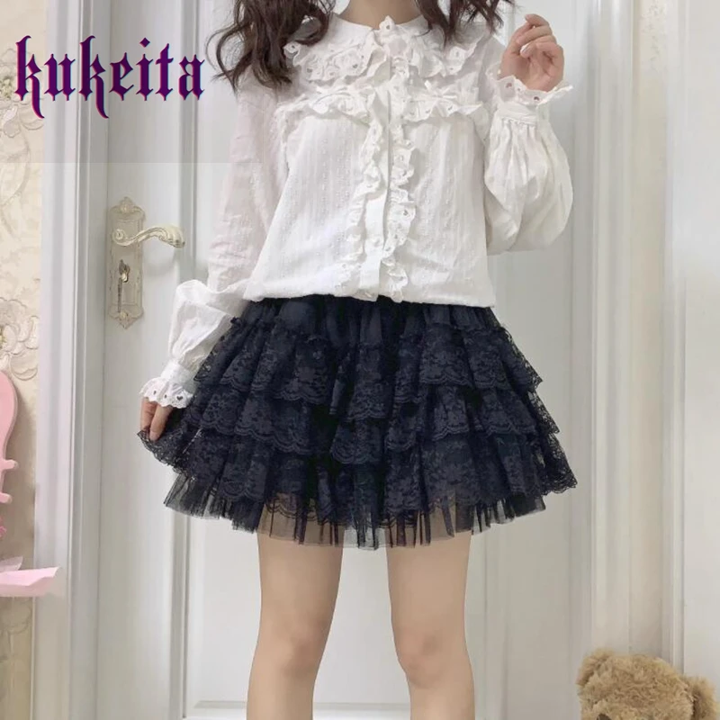 Kukeita-saia de cintura alta harajuku para mulheres, multi-camada, renda, malha, tutu, gótico, lolita, kawaii, bolo, curto, sexy, verão