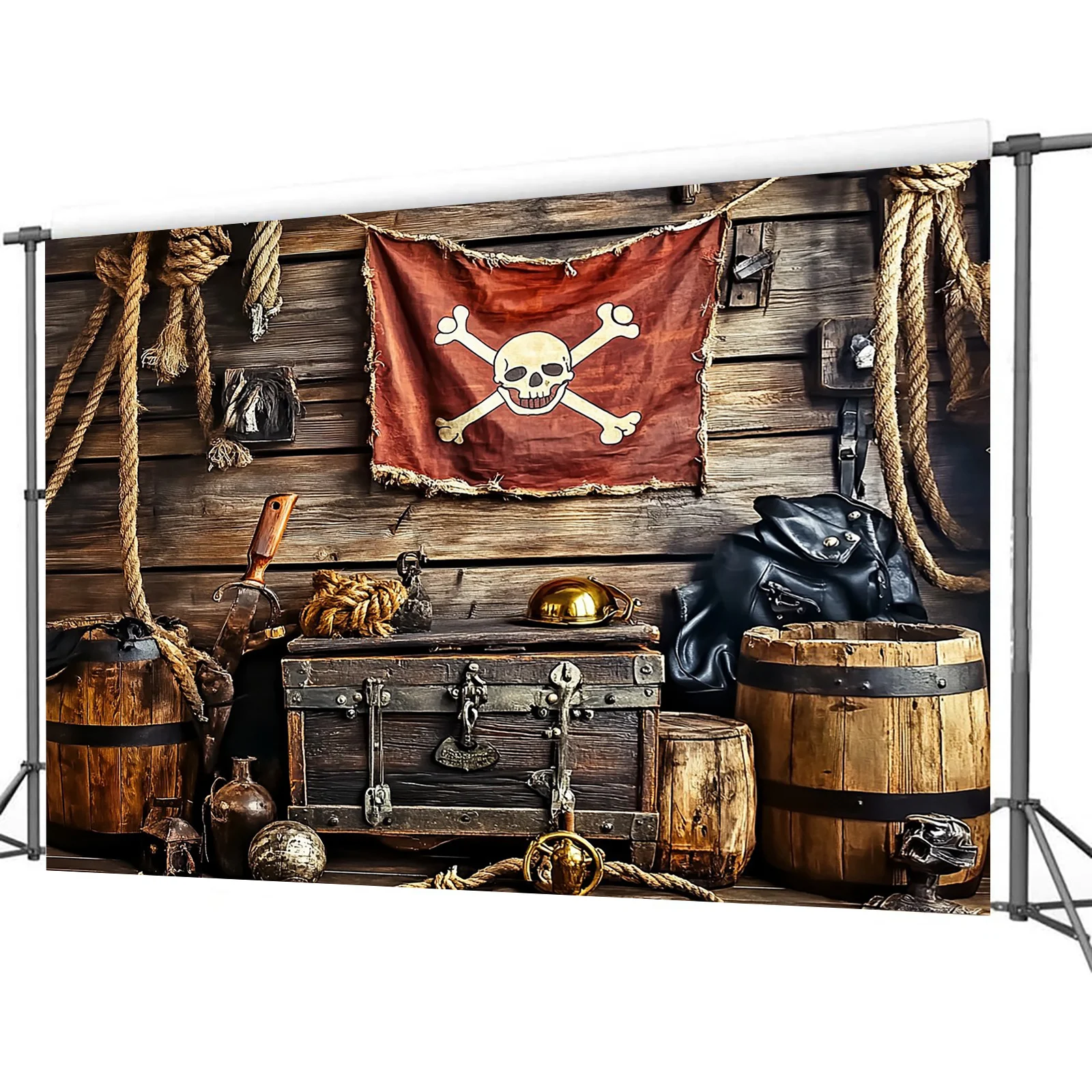 A pirate treasure map with a navy skull and cross bone flag in the background, made of multi-purpose polyester