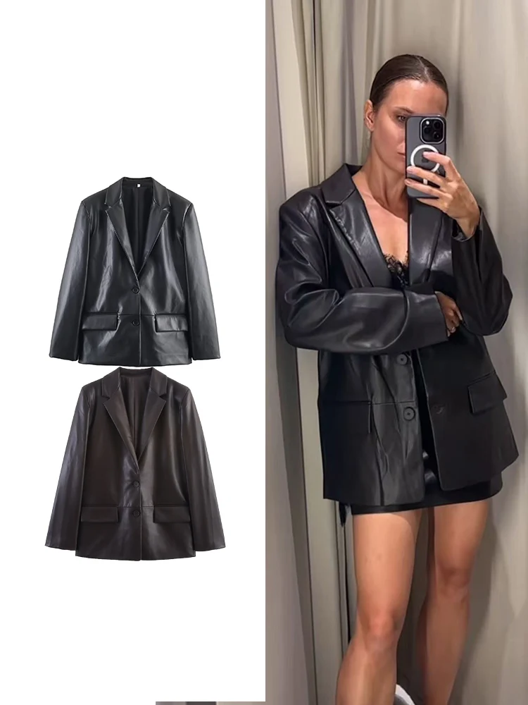 Damska jesienna kurtka blezer z ekoskóry w stylu retro, jednorzędowa, luźna, casualowa, modna, szykowna z kieszeniami, streetwear damska 2025