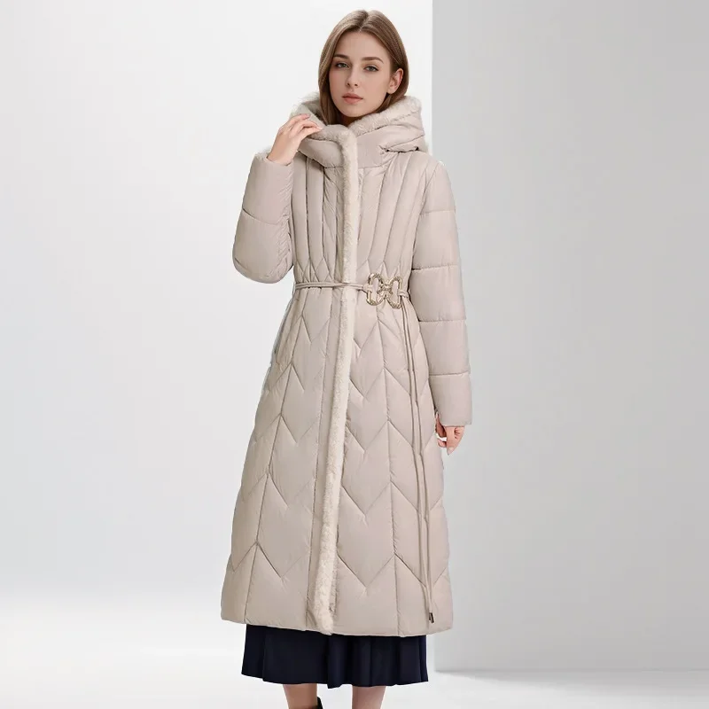 2024 Woman Winter Down Cotton Jacket Long Coat With Belt New Hooded Pockets Zipper Thick Warm Female Hooded Padded Parkas