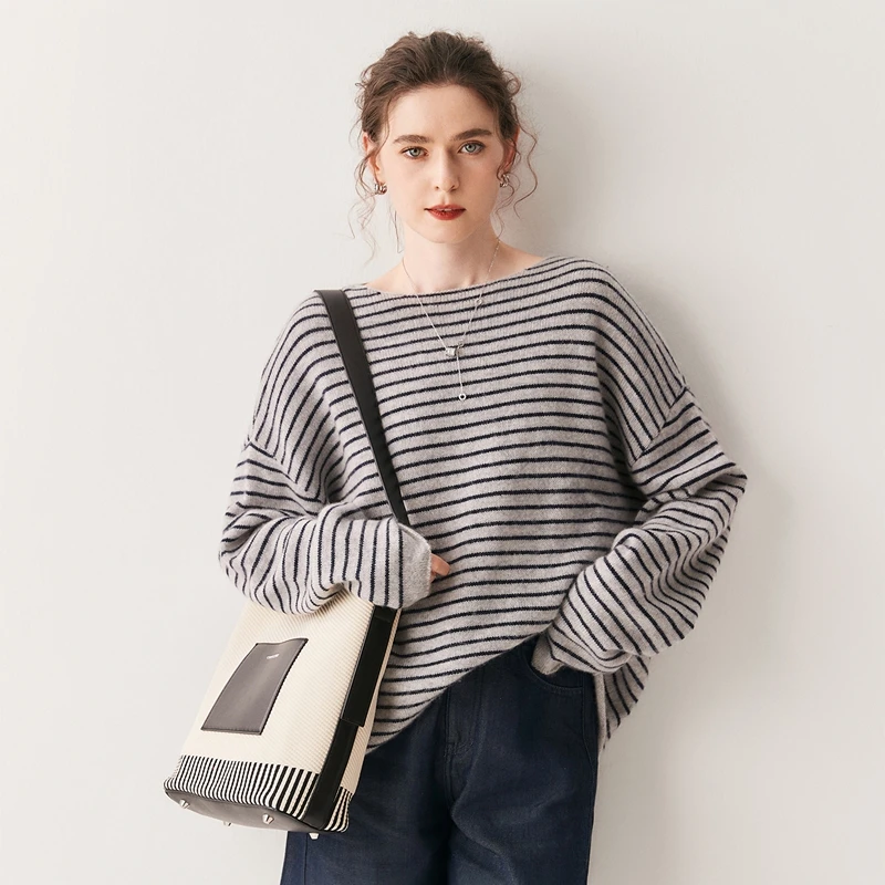 

100% Cashmere Sweater Women's O-neck Striped Pullovers Autumn Winter Loose Large Size Knitted New Trend Cashmere Clothes Top
