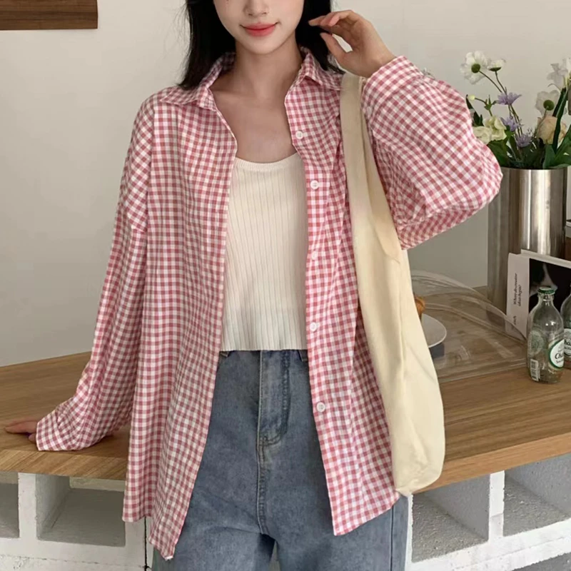 Women Gingham Shirt Long Sleeve Button-Down Pink Blue Checkered Blouse Top Jacket Summer Spring TeenGirl Boyfriend Casual Outfit