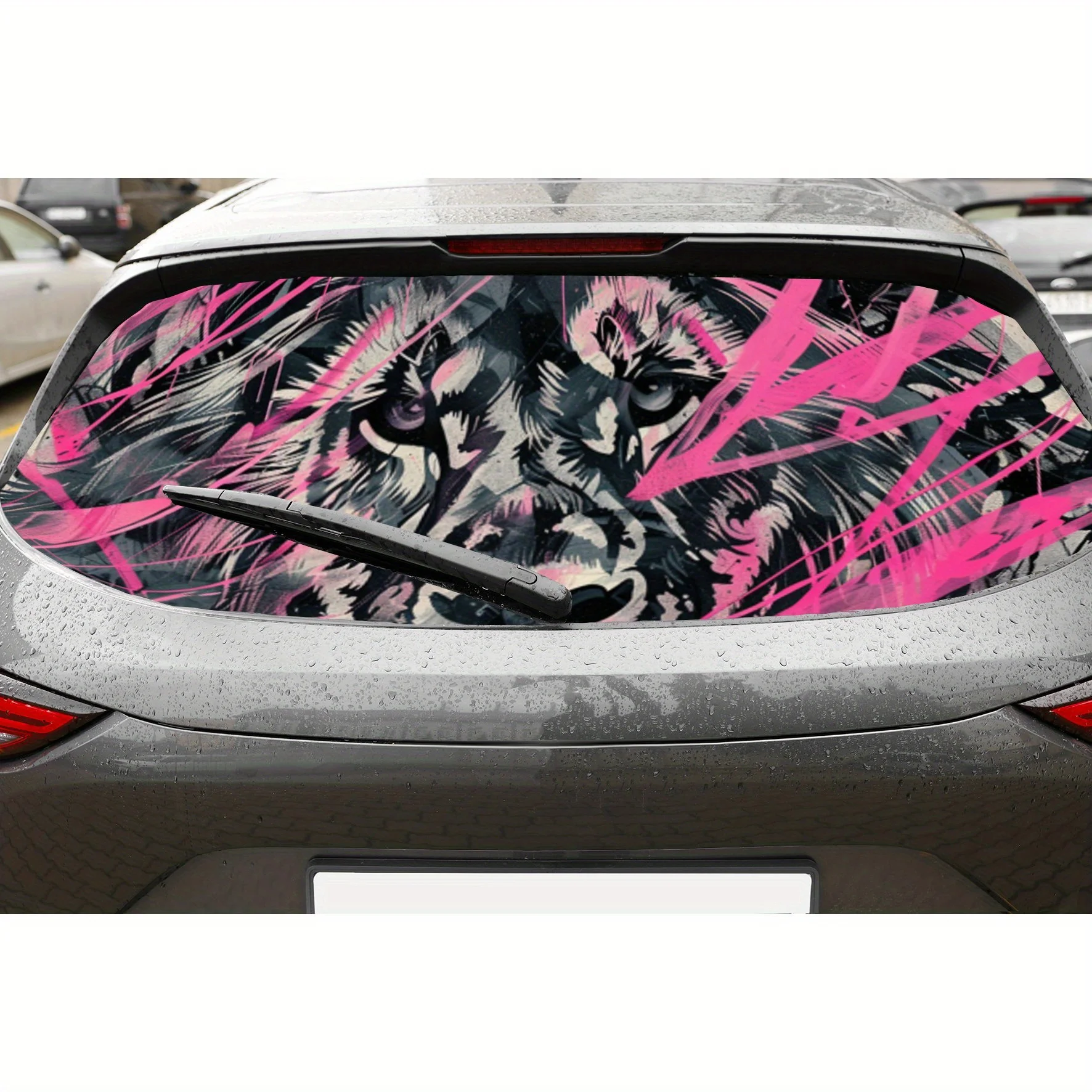 

Trendy Pink Lines Lion Animal PVC Perforated Car Vinyl Wraps, Durable Car Rear Windshield Sticker, Waterproof Car Rear Window De