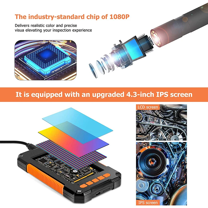 Industrial Endoscope Camera 1080P Inspection Borescope 4.3 Inch Display Waterproof Snake Camera 5.5mm Lens 6 LED for Car Engine