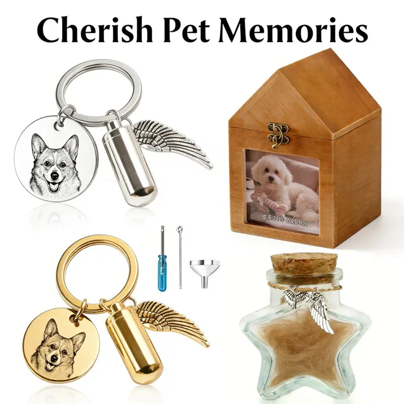 

Custom Pet Portrait Keychain with Angel Wing Urn, Custom Photo Wooden Pet Urn, Pet Loss Memorial Gifts for Dog Cat Owners
