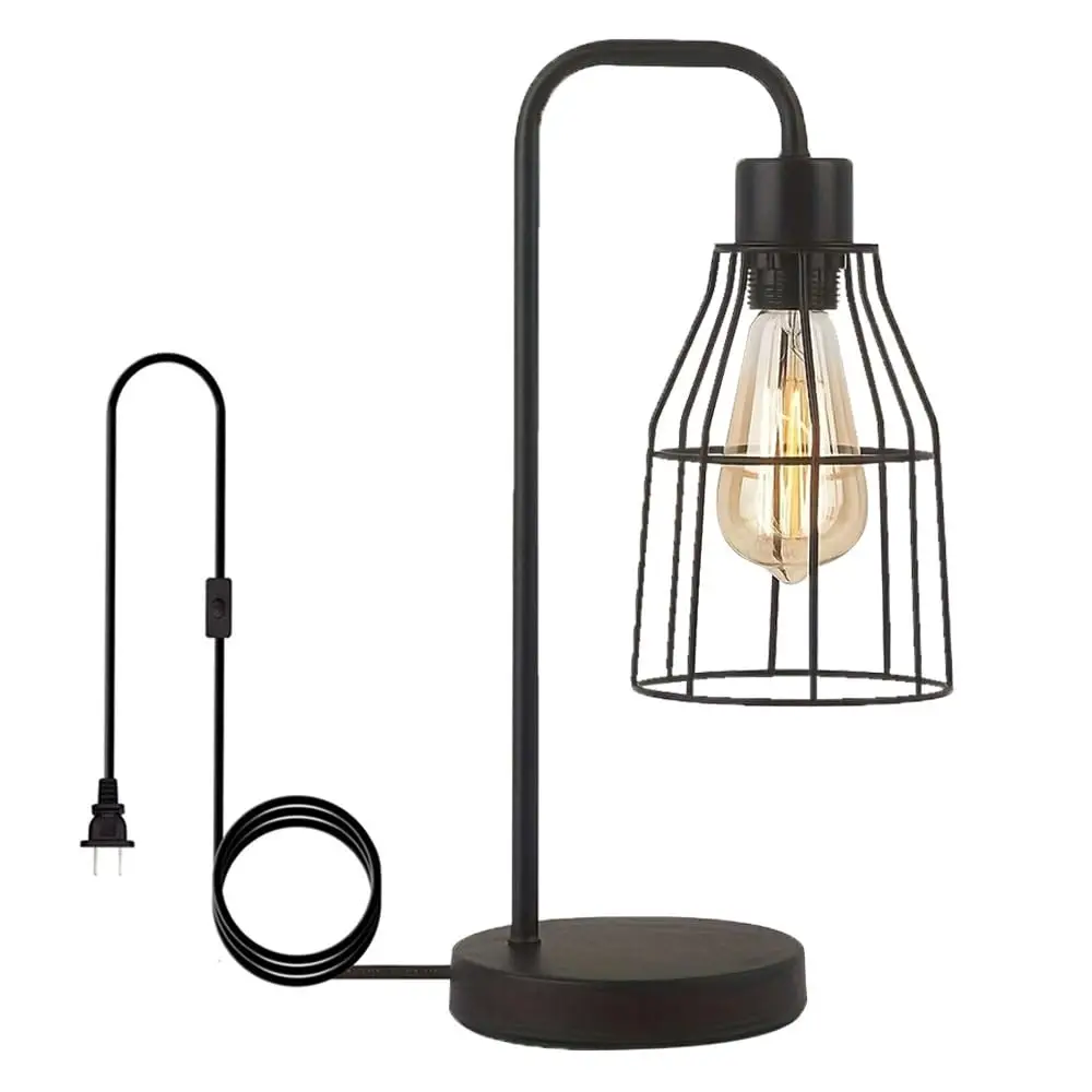 

Industrial Vintage Table Lamp with Plug-in Cord Switch, Black Farmhouse Lamp with Metal Cage Shade, Nightstand Light for Bedside