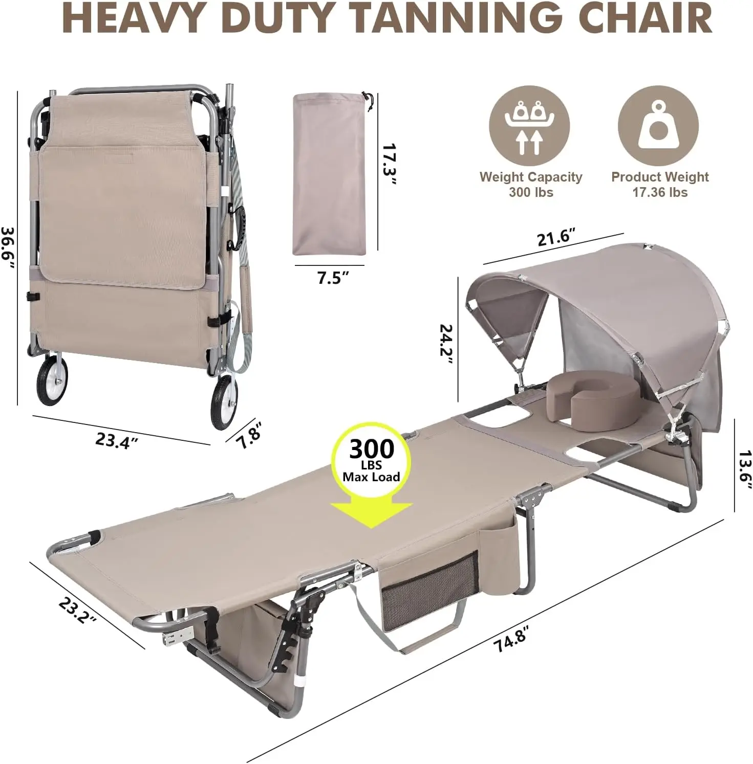 Tanning Chair with Wheels, Sun Canopy Umbrella & Face Hole, Thick Washable Adjustable Cushion, Heavy Duty Folding Lay Flat Sun Lounge Chair for Beach Outdoor Sunbathing Reading, UPF 50+