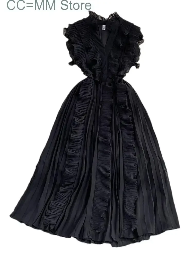 Nieuwe zoete stijl lange jurk voor dames V-hals Fly-mouwen A-lijn effen kleur hoge taille jurken lente zomer