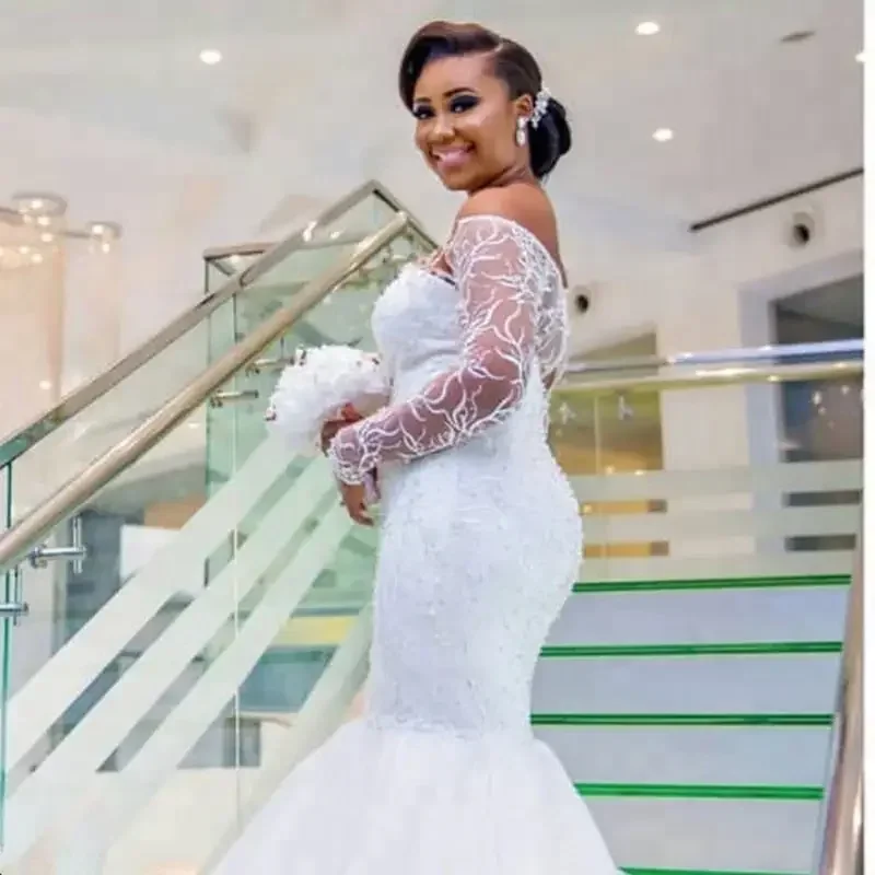맞춤형 새로운 아프리카 인어 웨딩 드레스 럭셔리 레이스 오프 숄더 긴 소매 맞춤형 사이즈 가운 2024