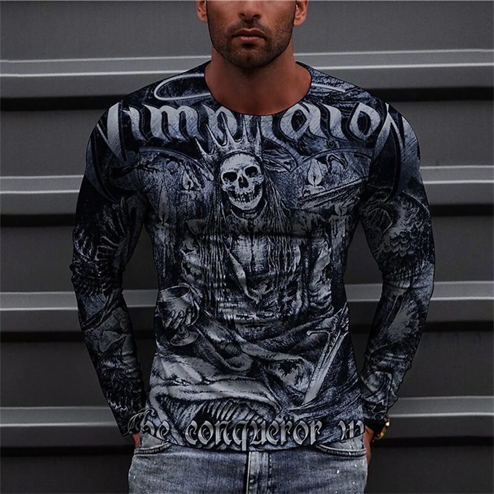 Autumn Men\'s Clothing Long Sleeve Round Neck T-shirt Fashion 3D Horror Elements Skull Graphic t Shirts Casual Street y2k tops