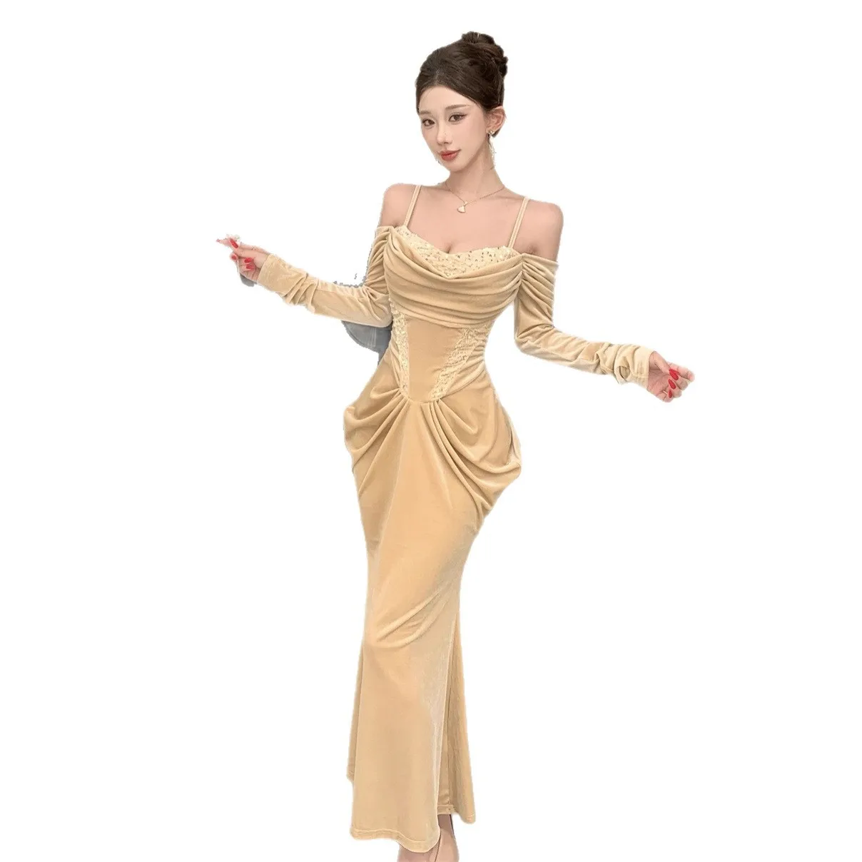 Elegancka sukienka wieczorowa w stylu vintage z cekinami, aksamitu i szampańskiego koloru, damska, z koronkowymi wstawkami, marszczona, dopasowana, typu syrena, na imprezę, studniówkę, vestidos, suknia.