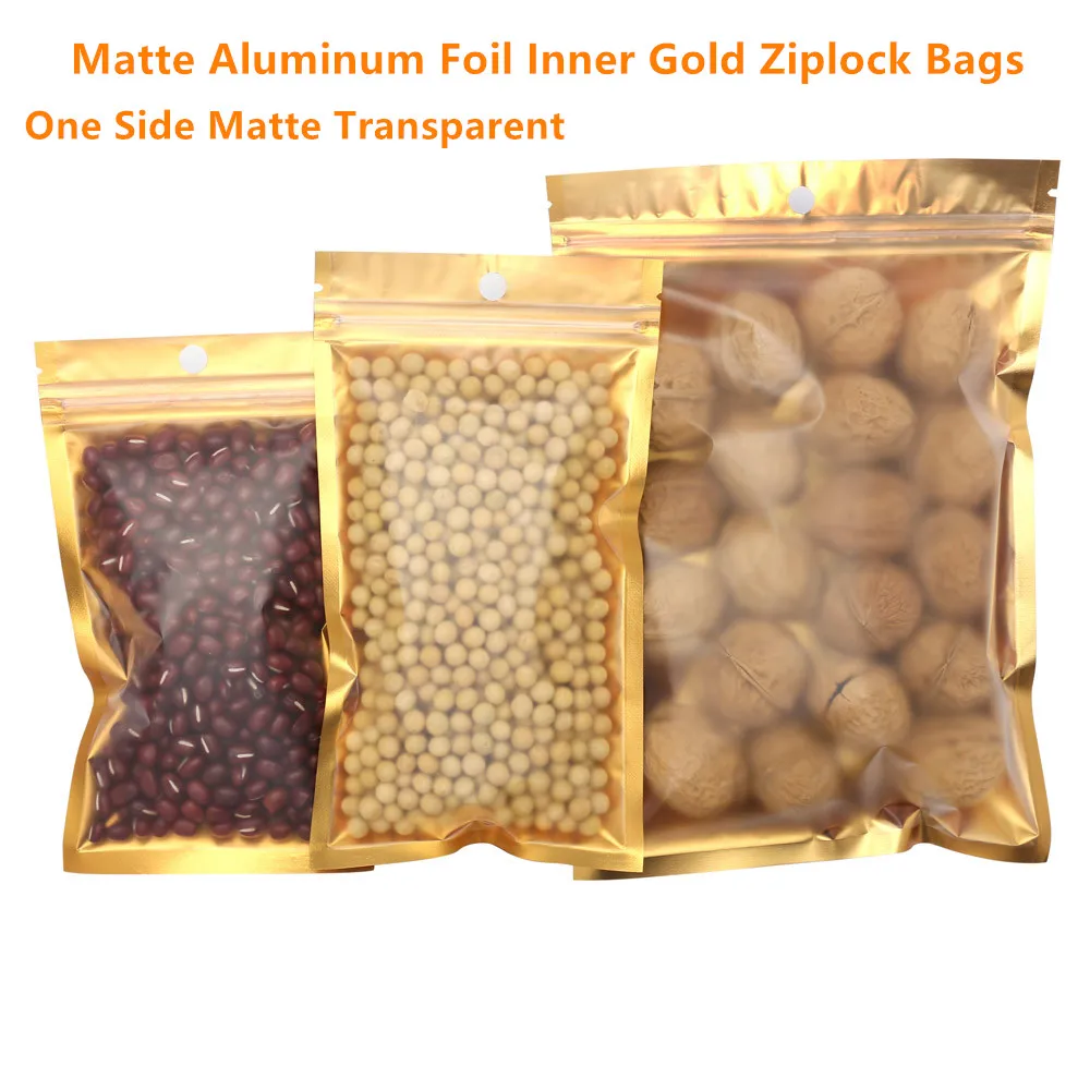 

100Pcs Self Sealing Bags Matte Finish Aluminum Foil Inner Gold Zipper Resealable Pouch with One Side Clear for Gift Food Storage