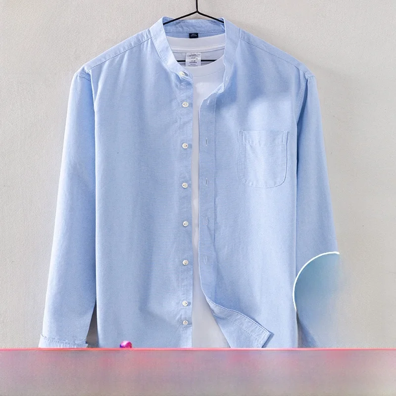 

Новая мужская рубашка с длинным рукавом из чистого хлопка, повседневная, с воротником-стойкой, универсальная, базовая, для различных случаев