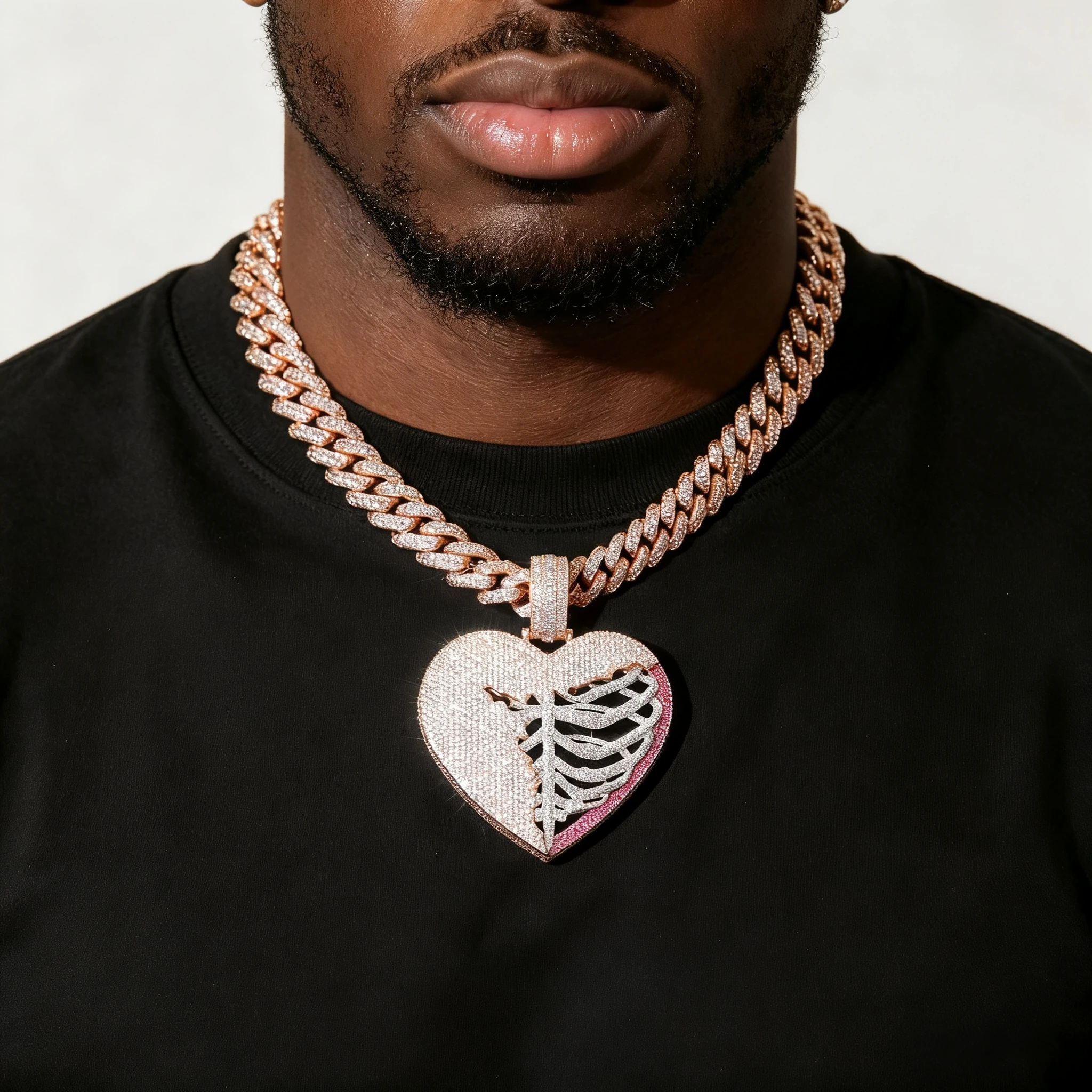 

Iced Out Skeleton Heart Pendant Necklace for Men, Cuban Link Chain with Full CZ , Hip Hop Bling Rapper Jewelry, Punk Gothic