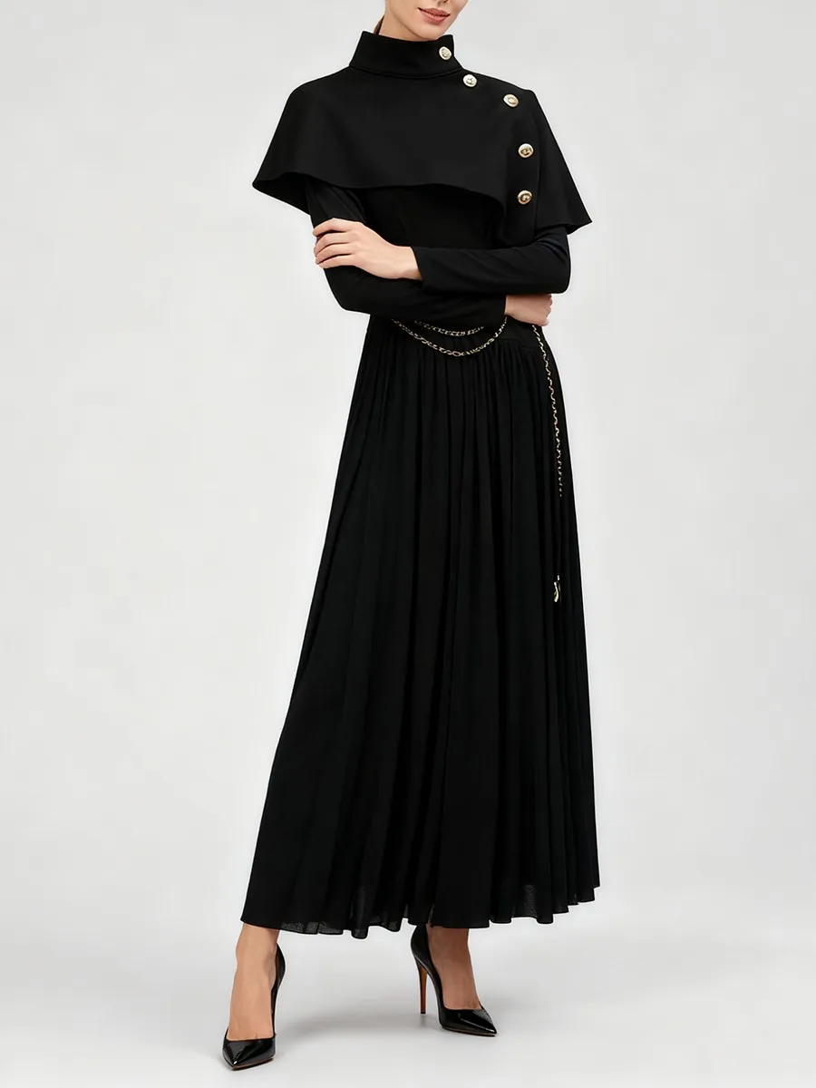 TWOTWINSTYLE الصلبة التخسيس قطعتين مجموعات للنساء س الرقبة تقسم أزرار معدنية شال الوقوف الرقبة طويلة الأكمام فستان مجموعة الإناث #3