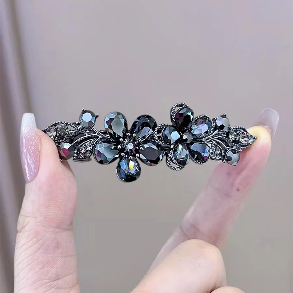 Elegant Gunmetal Crystal Flower Hair Clip Barrette