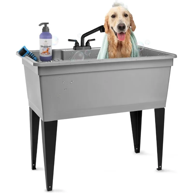 

Freestanding Double Basin Utility Sink with Steel Legs Pull Out Faucet Heavy Duty Laundry Tub Kitchen Sink Grey