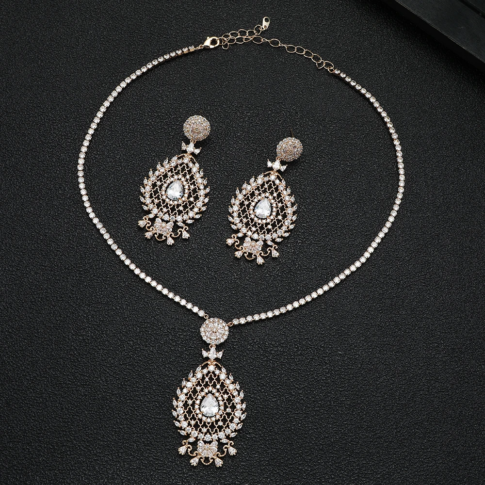 

Luxury Geometric Hollowing Out Waterdrop Pendant Necklace Earring Set For Women Wedding Full Cubic Zircon Dubai Jewelry S656