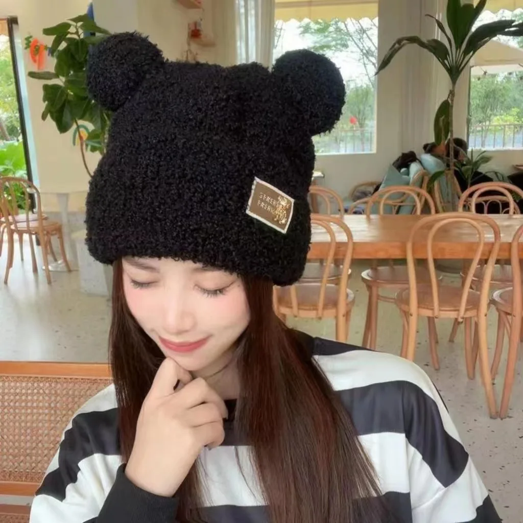 Plush Hat Autumn Winter Women Beanie Caps Warm Cute Bear Ear Hat Casual Couple Knitted Plush Soft Warm Beanies Hats Present 2024