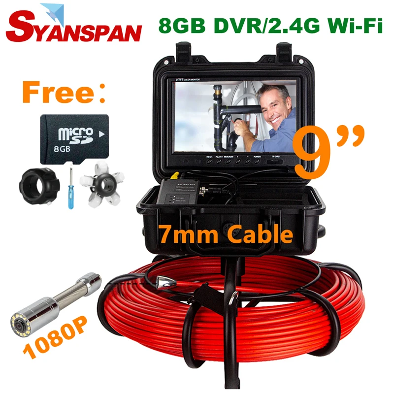 Pipe Inspection Camera 33-164FT 1080PHD 8GB DVR/Wi-Fi 7/9in Screen SYANSPAN Pipeline Industrial Sewer Endoscope Camera  IP68