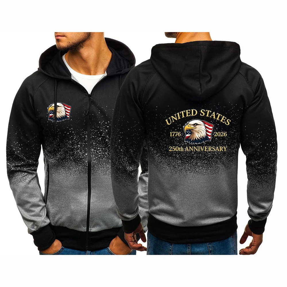 USA 250th Anniversary Eagle 2026 Spring And Autumn Men's High End Luxury Gradient Color Print Hoodies Jacket